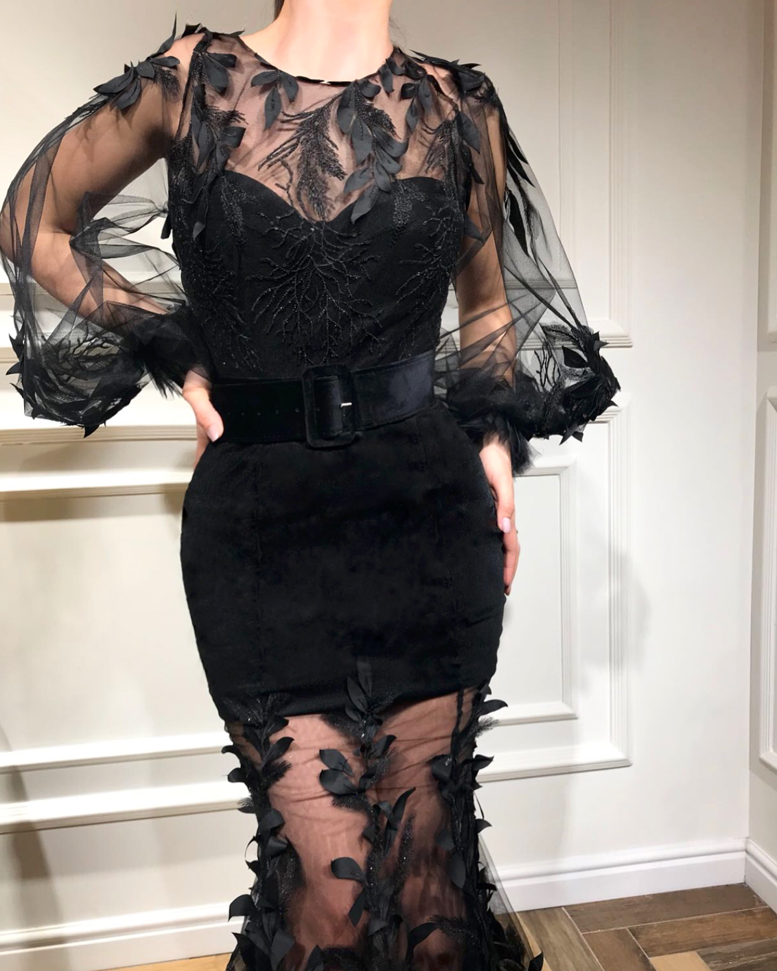 Black mermaid dress with embroidery, feathers, belt and long sleeves