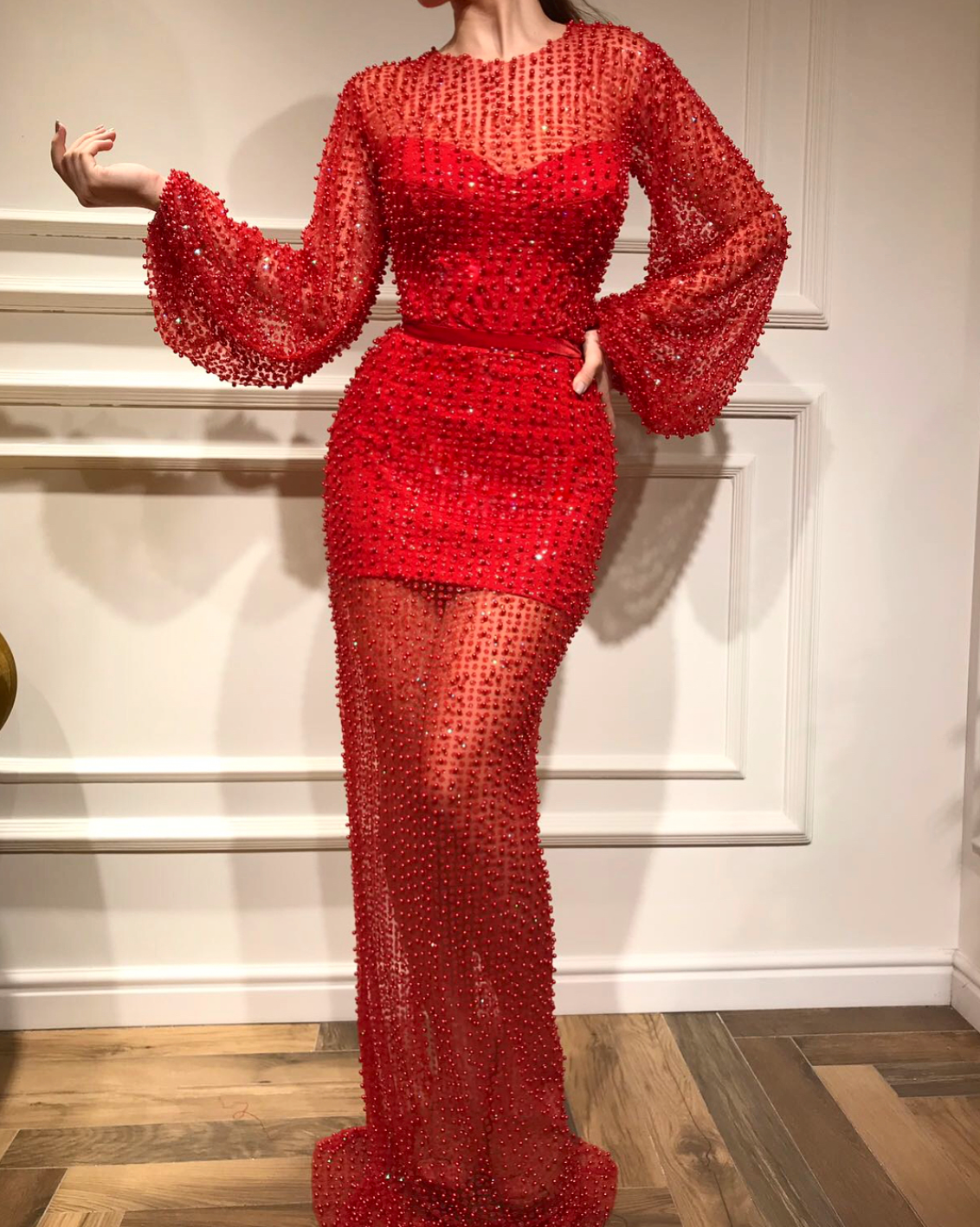 Red mermaid dress with long sleeves and beading