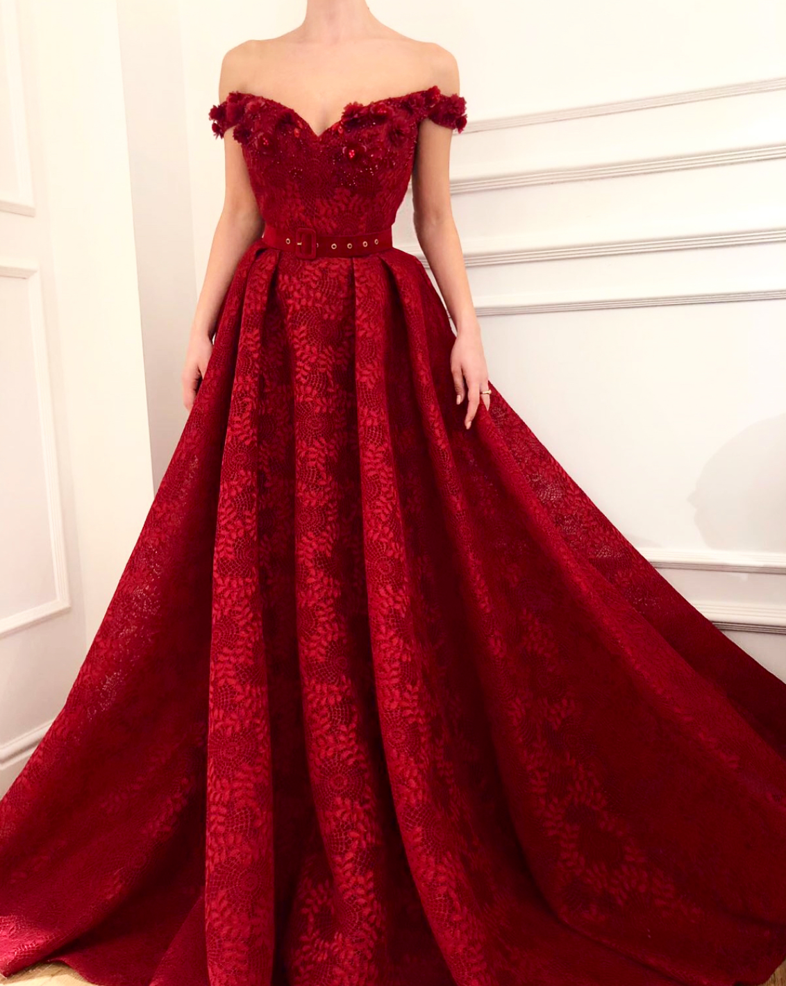 Red A-Line dress with belt, off the shoulder sleeves and embroidery