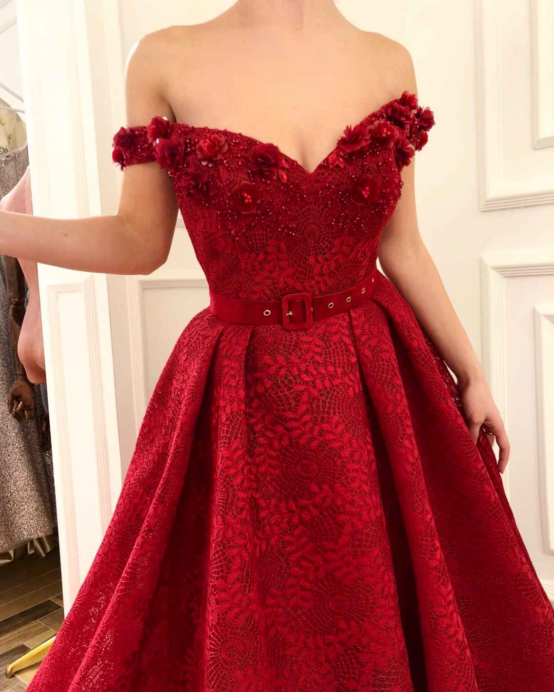 Red A-Line dress with belt, off the shoulder sleeves and embroidery