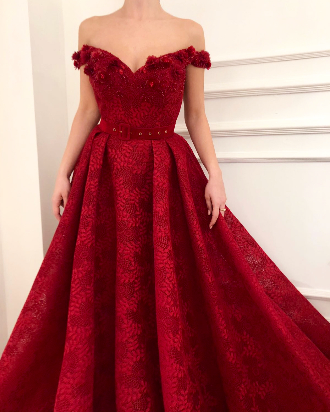 Red A-Line dress with belt, off the shoulder sleeves and embroidery