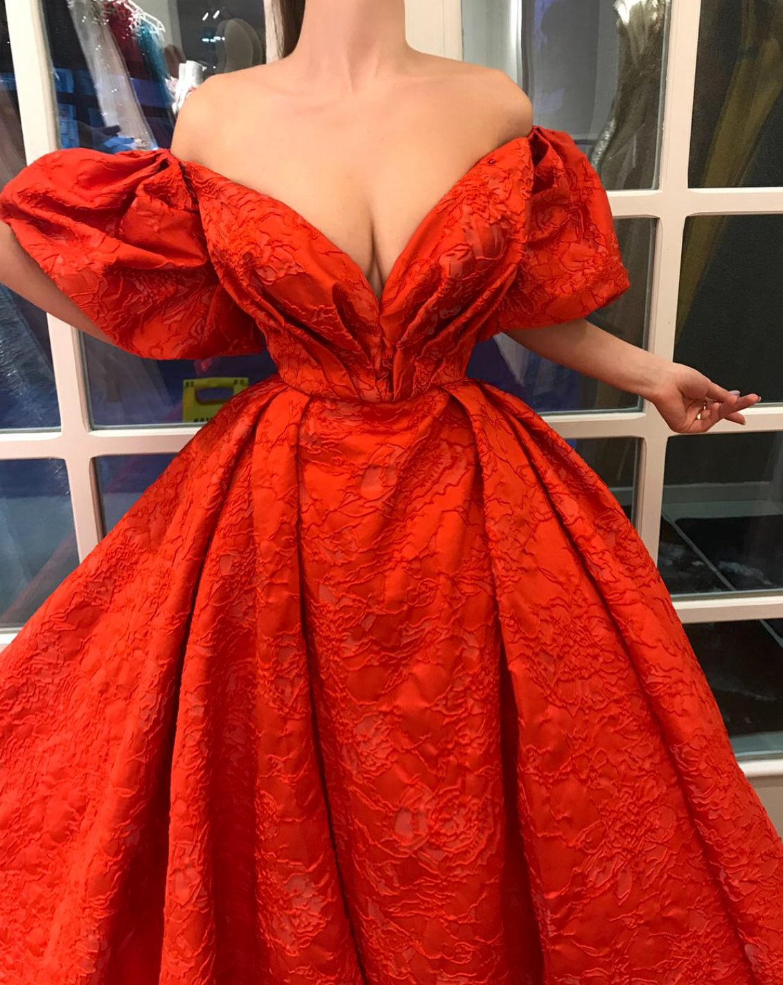 Red A-Line dress with v-neck and off the shoulder sleeves