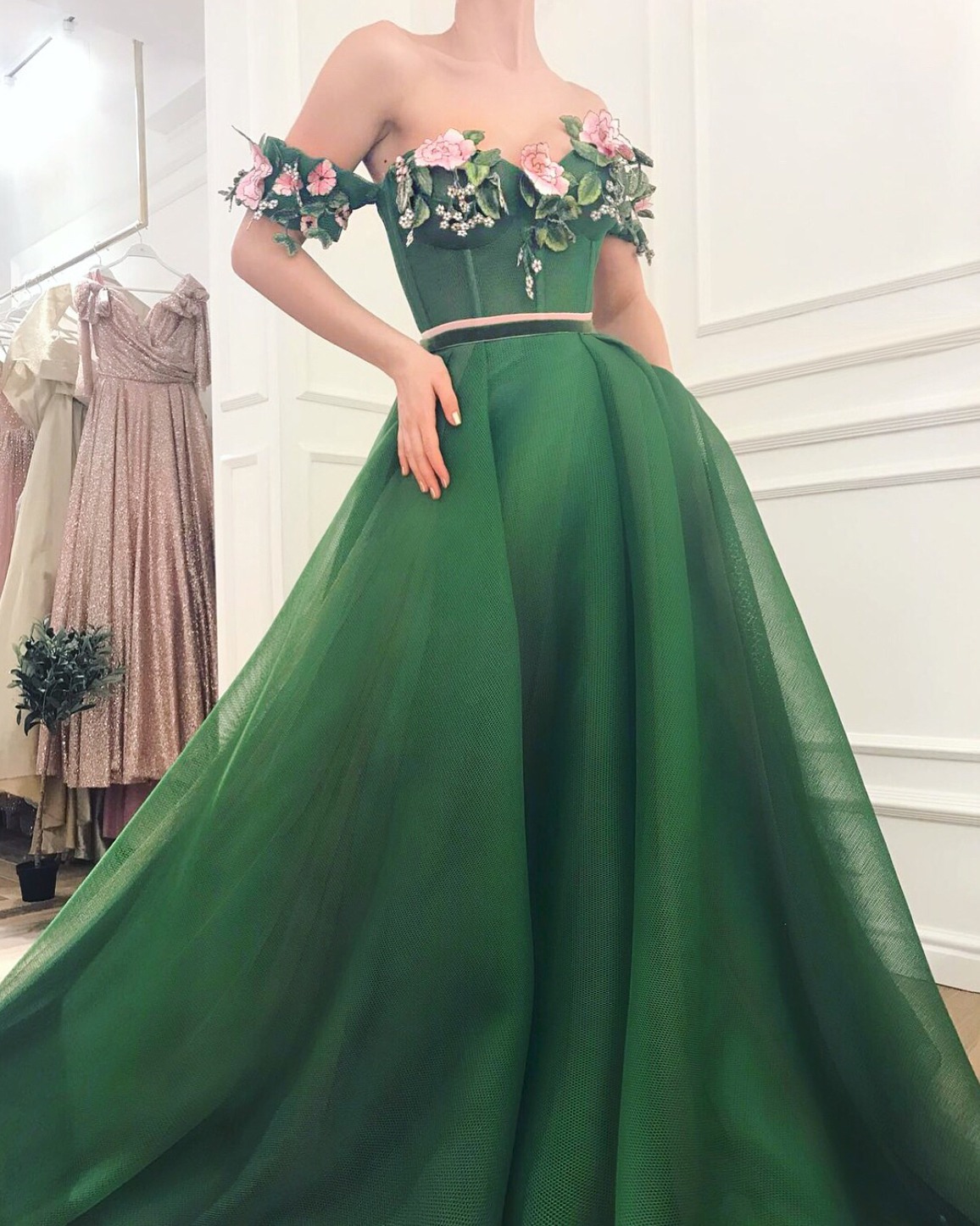 Green A-Line dress with off the shoulder sleeves and embroidery