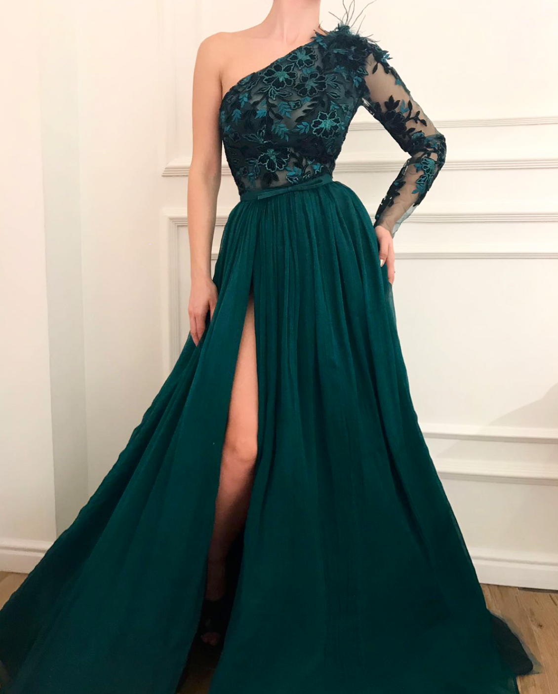 Green A-Line dress with one long sleeve and embroidery