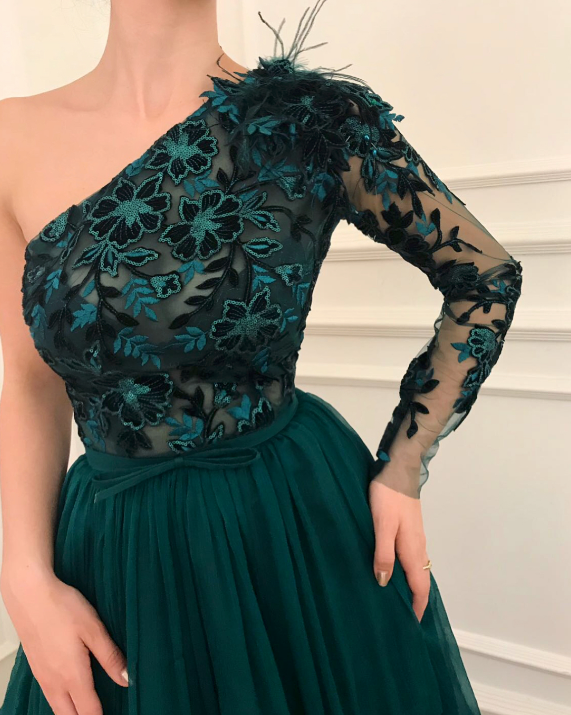 Green A-Line dress with one long sleeve and embroidery