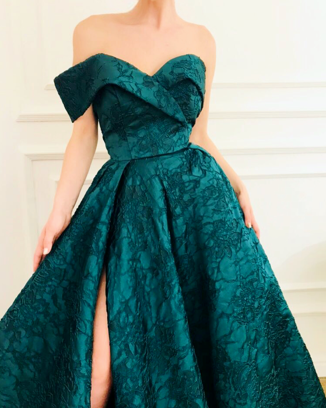 Green A-Line dress with slit and one off the shoulder sleeve