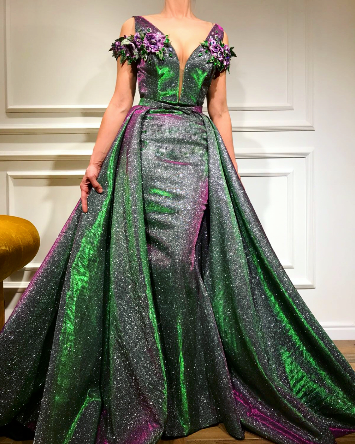Green and purple overskirt dress with straps, off the shoulder sleeves, v-neck and embroidery