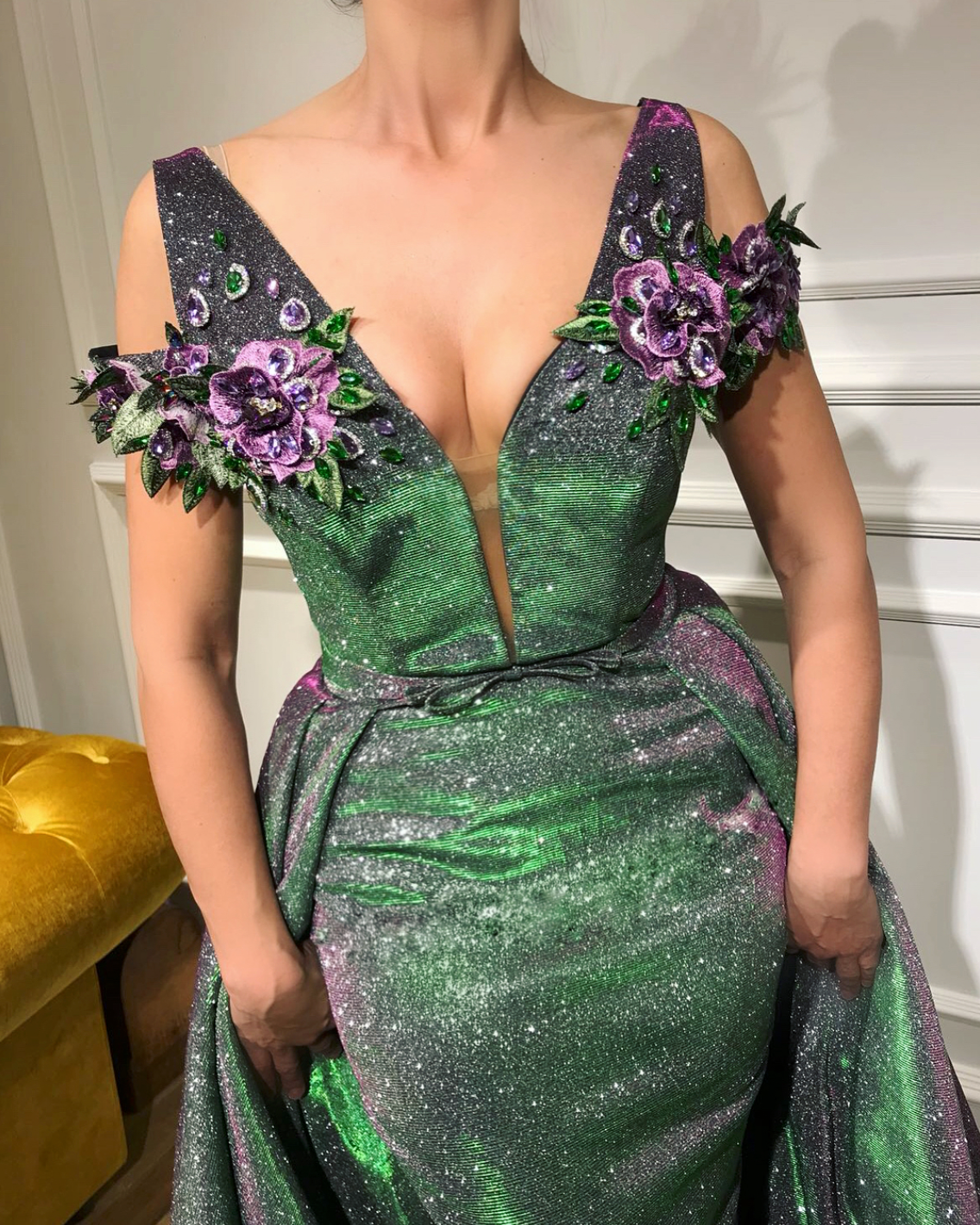 Green and purple overskirt dress with straps, off the shoulder sleeves, v-neck and embroidery
