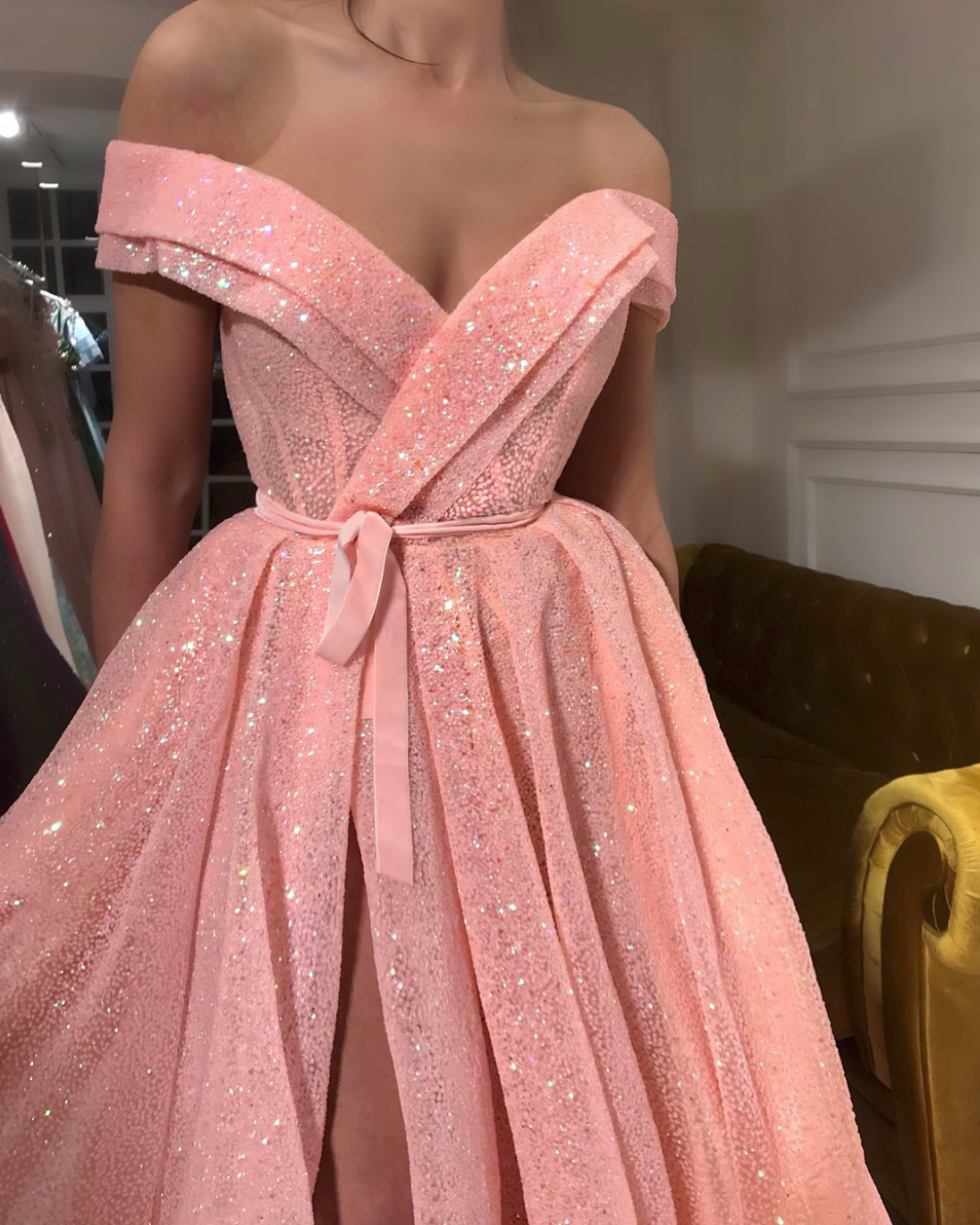 Pink A-Line dress with off the shoulder sleeves