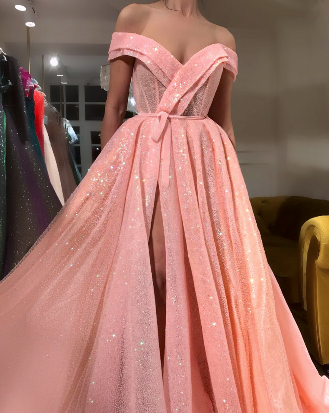 Pink A-Line dress with off the shoulder sleeves