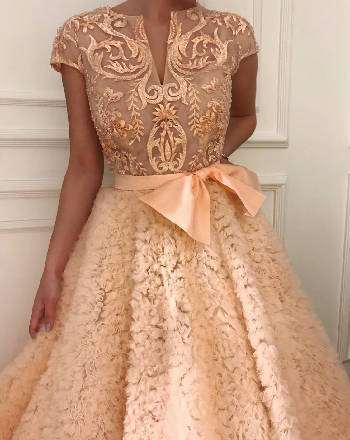 Peach A-Line dress with embroidery and no sleeves