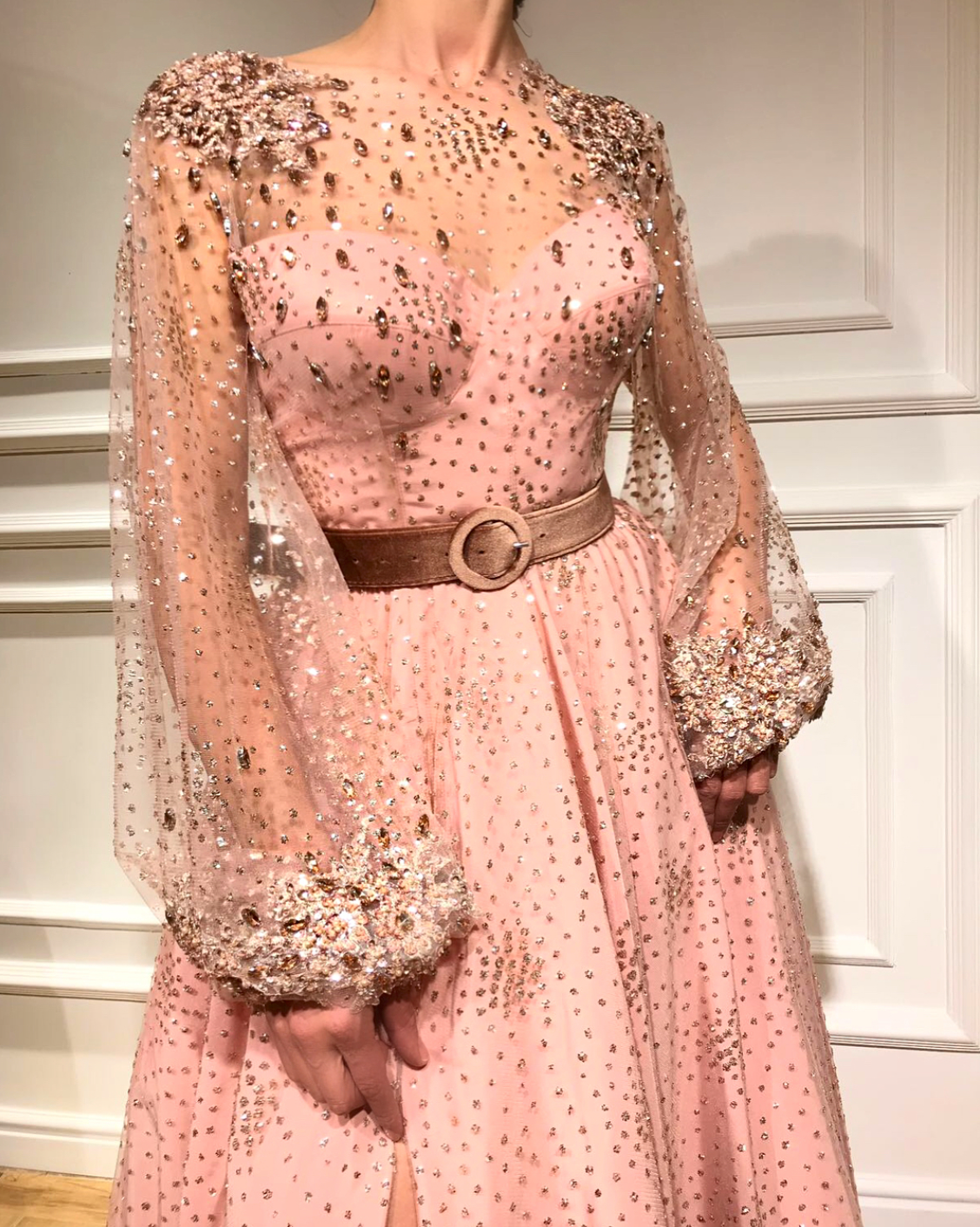 Pink A-Line dress with belt, long sleeves and embroidery
