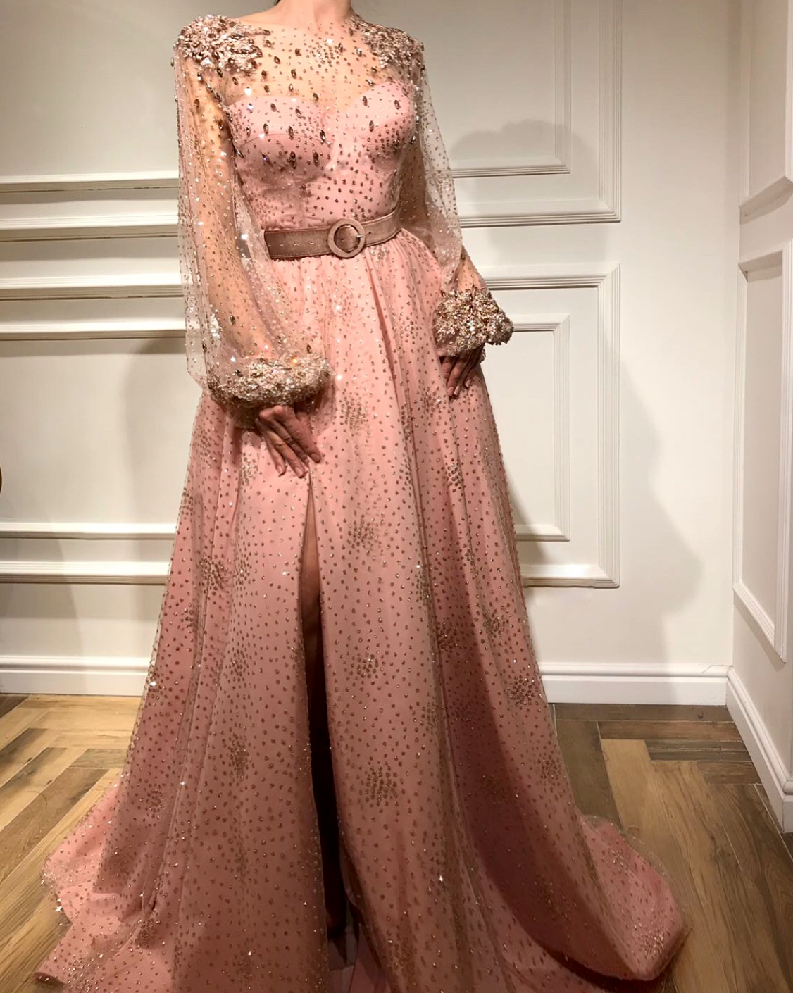 Pink A-Line dress with belt, long sleeves and embroidery