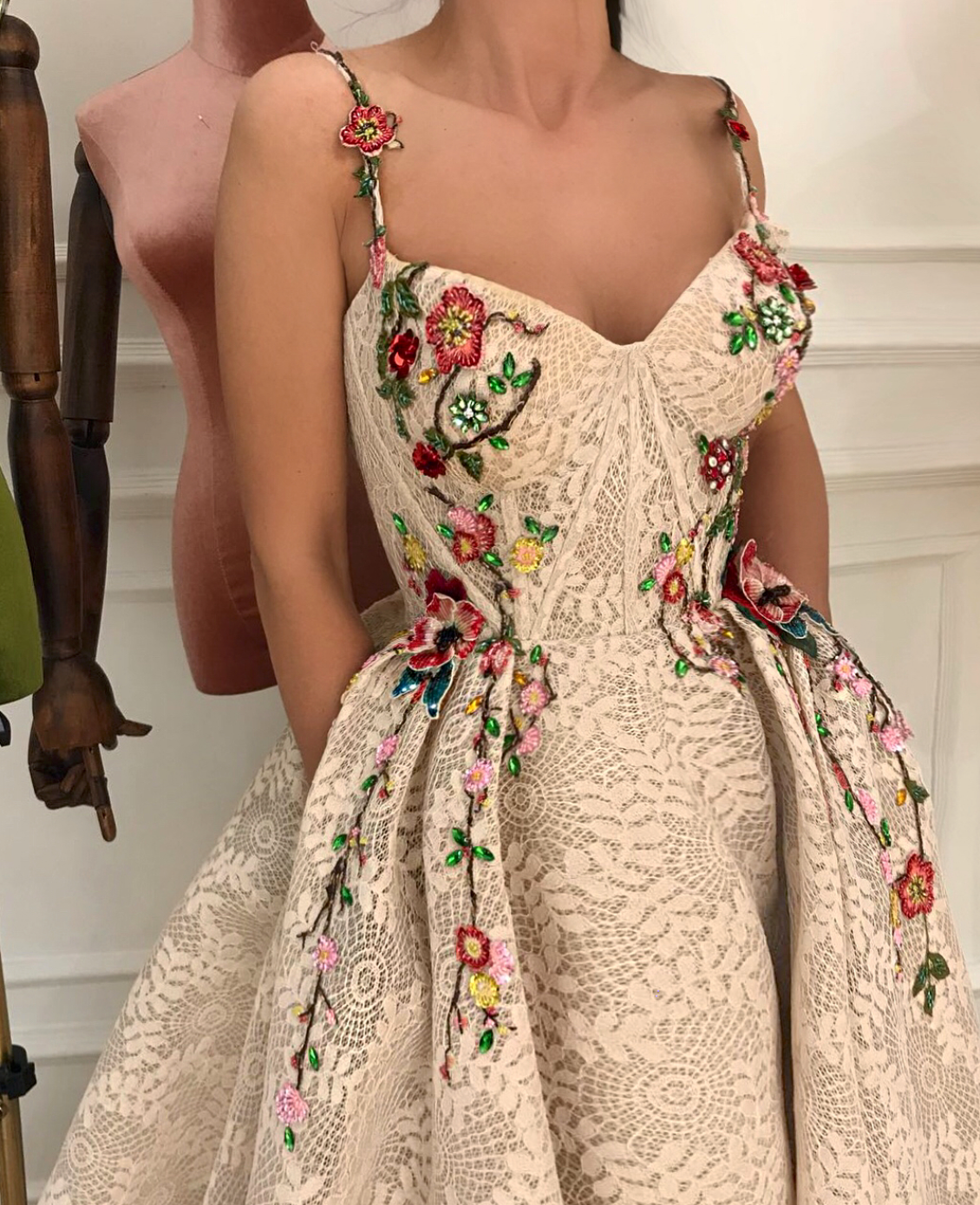 Beige A-Line dress with spaghetti straps and embroidery
