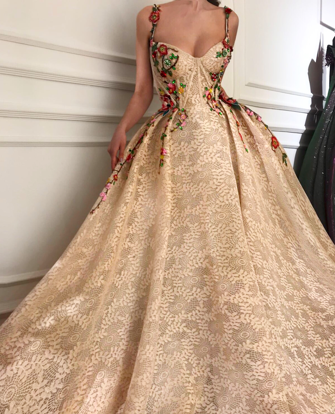 Beige A-Line dress with spaghetti straps and embroidery