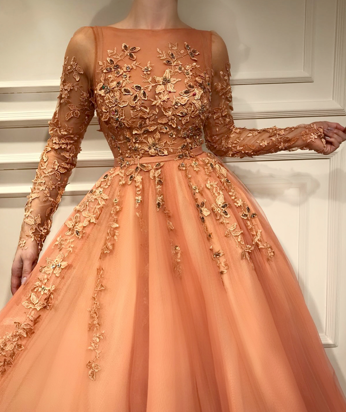 Peach A-Line dress with long sleeves and embroidery