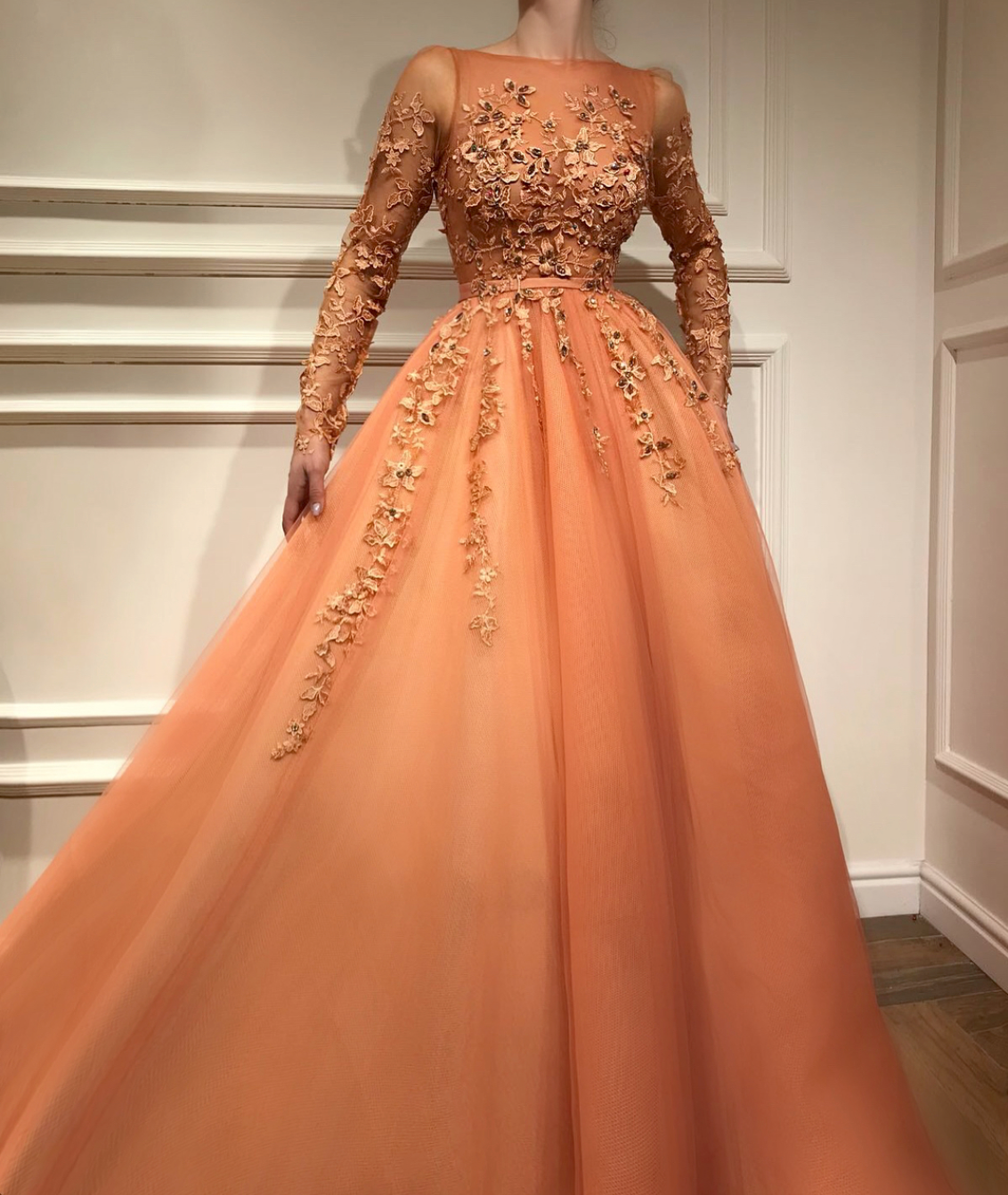 Peach A-Line dress with long sleeves and embroidery