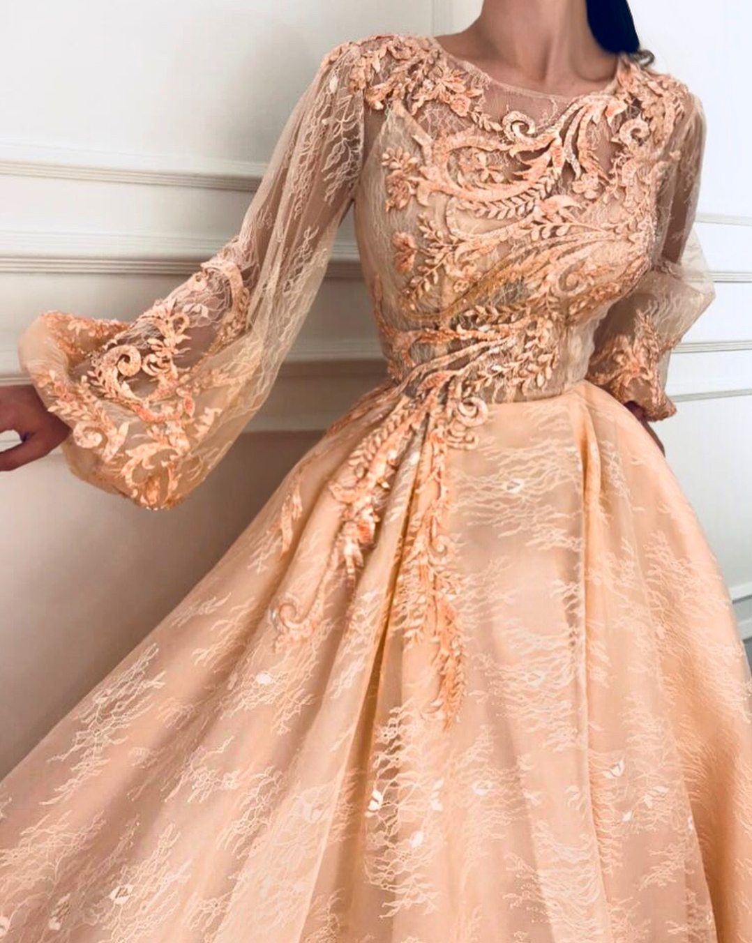 Peach A-Line dress with lace, embroidery and long sleeves
