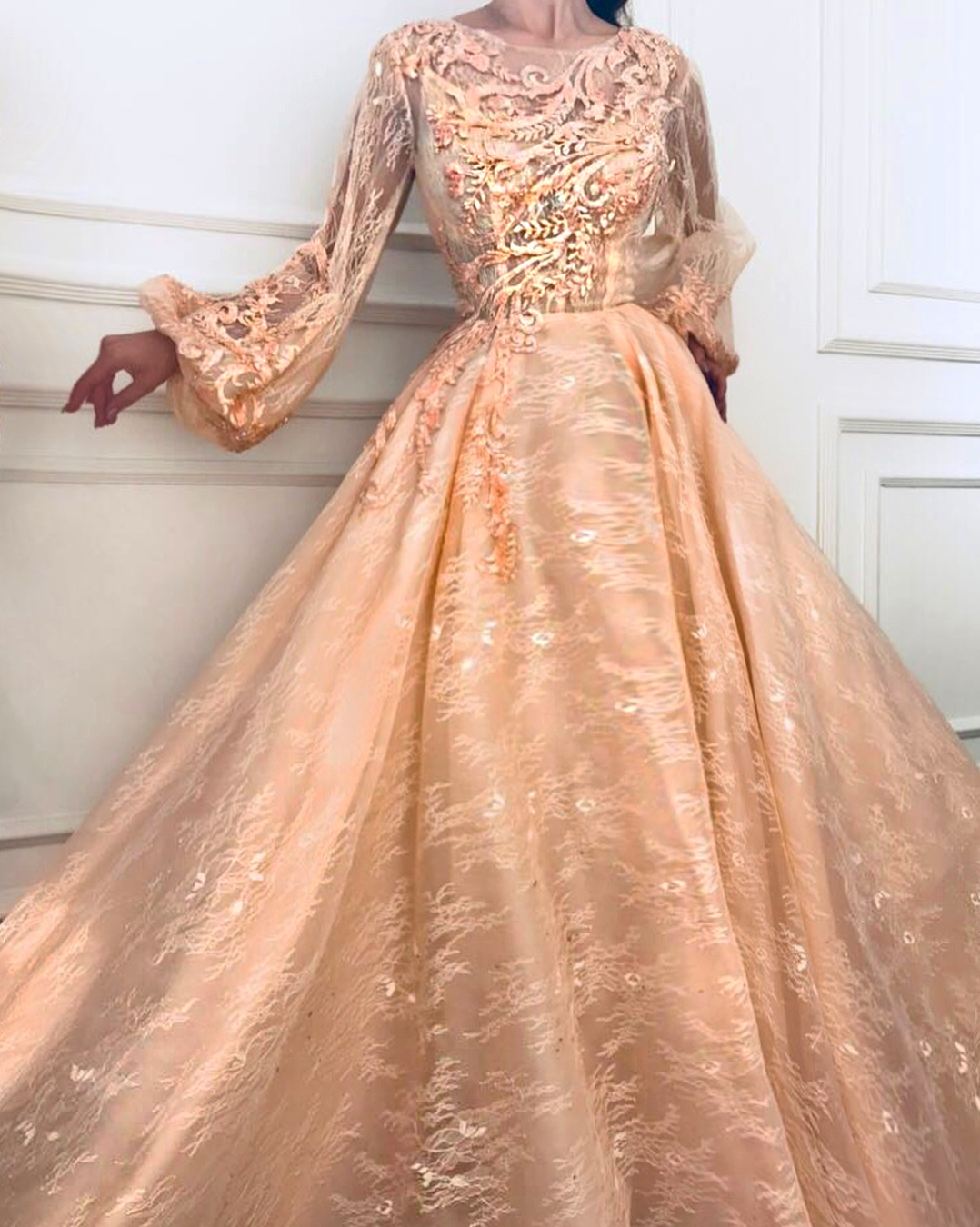 Peach A-Line dress with lace, embroidery and long sleeves