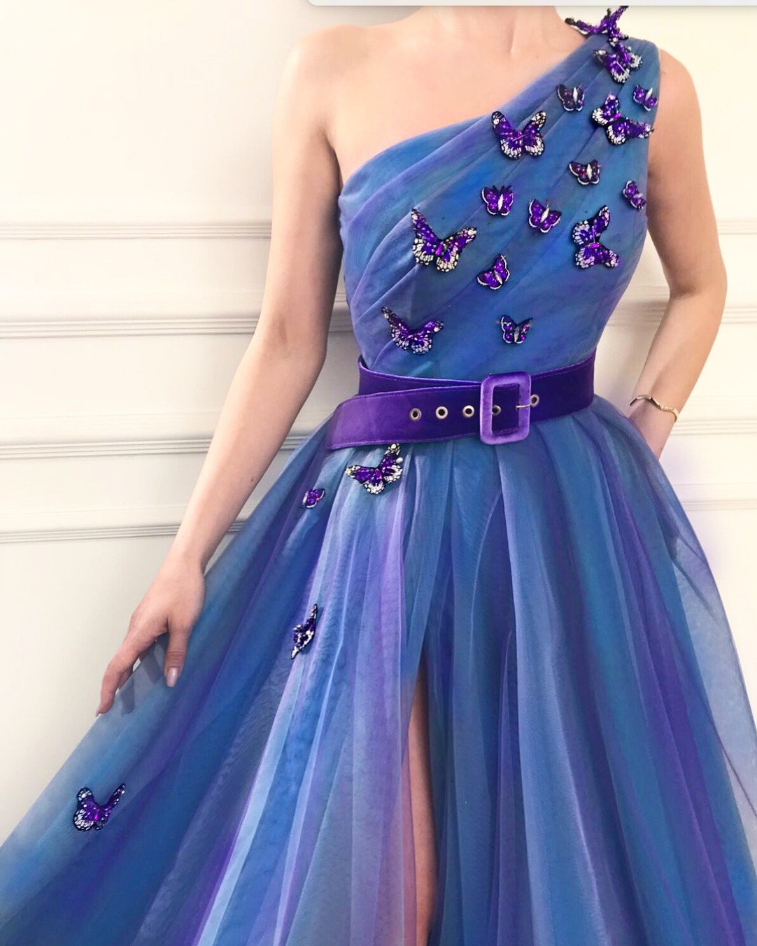 Blue A-Line dress with one shoulder sleeve, belt and embroidery