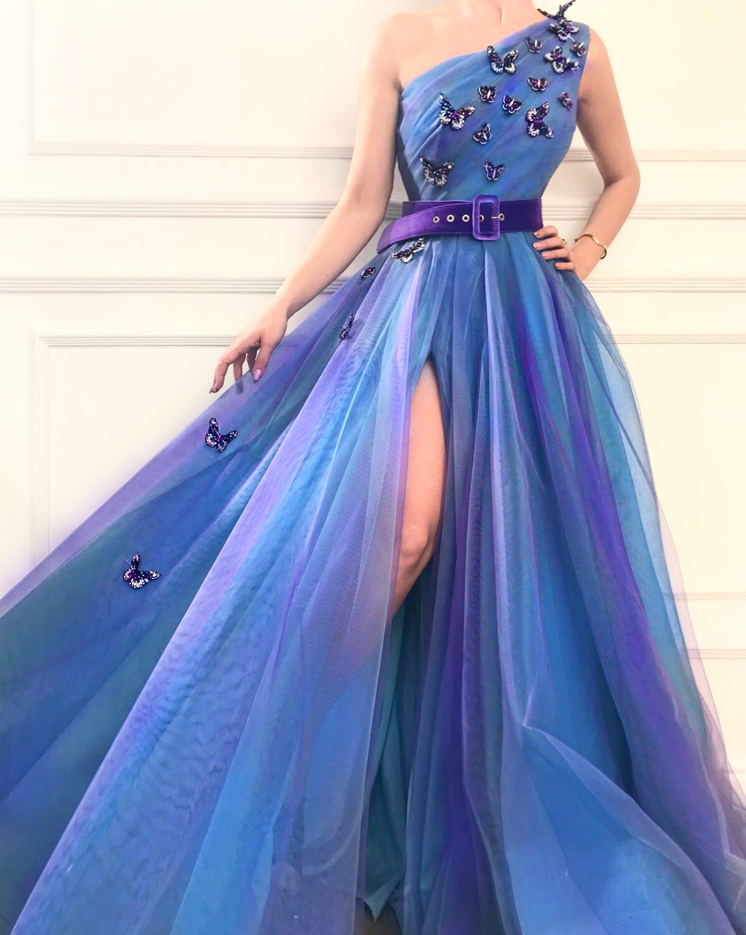 Blue A-Line dress with one shoulder sleeve, belt and embroidery