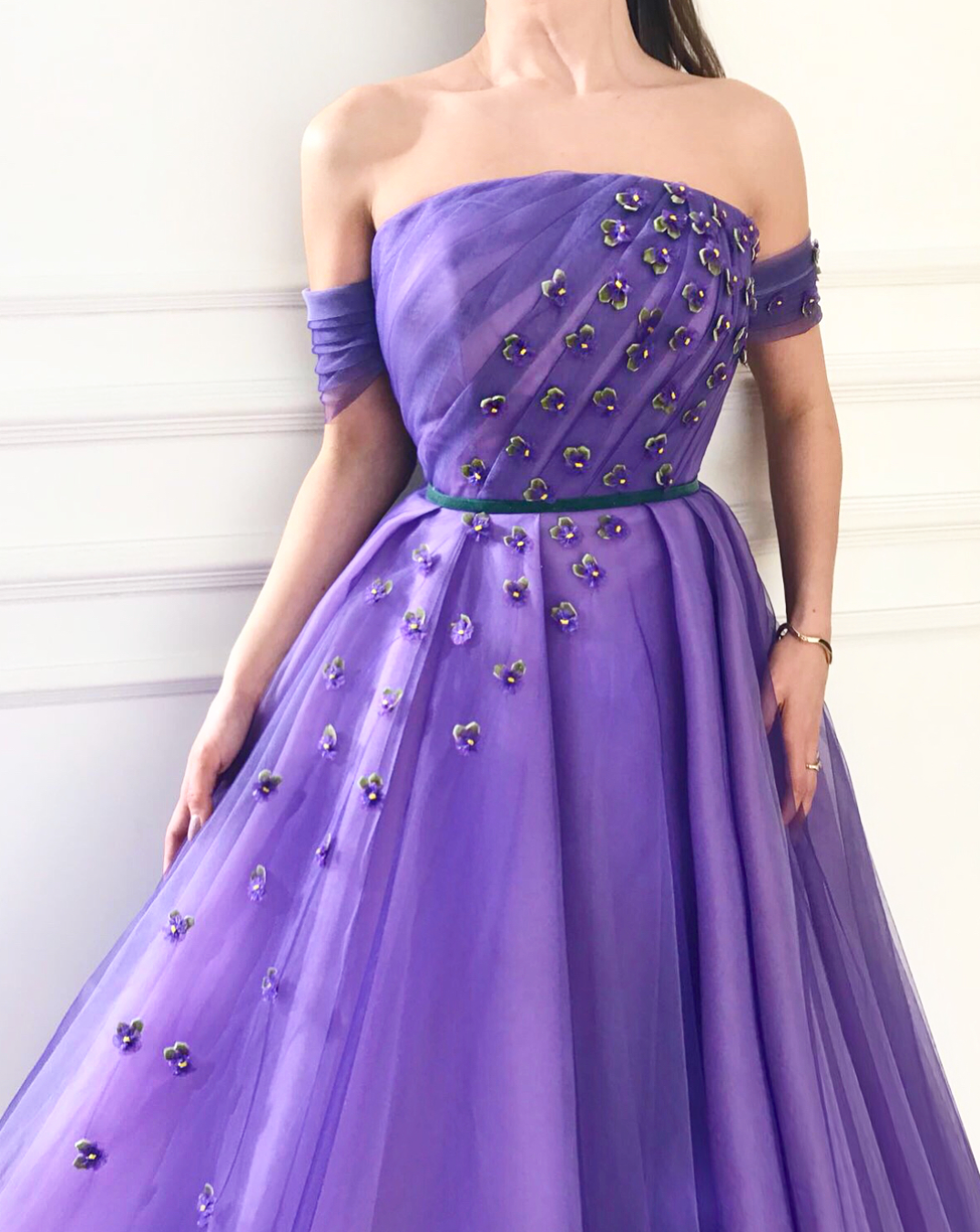 Purple A-Line dress with off the shoulder sleeves and embroidery