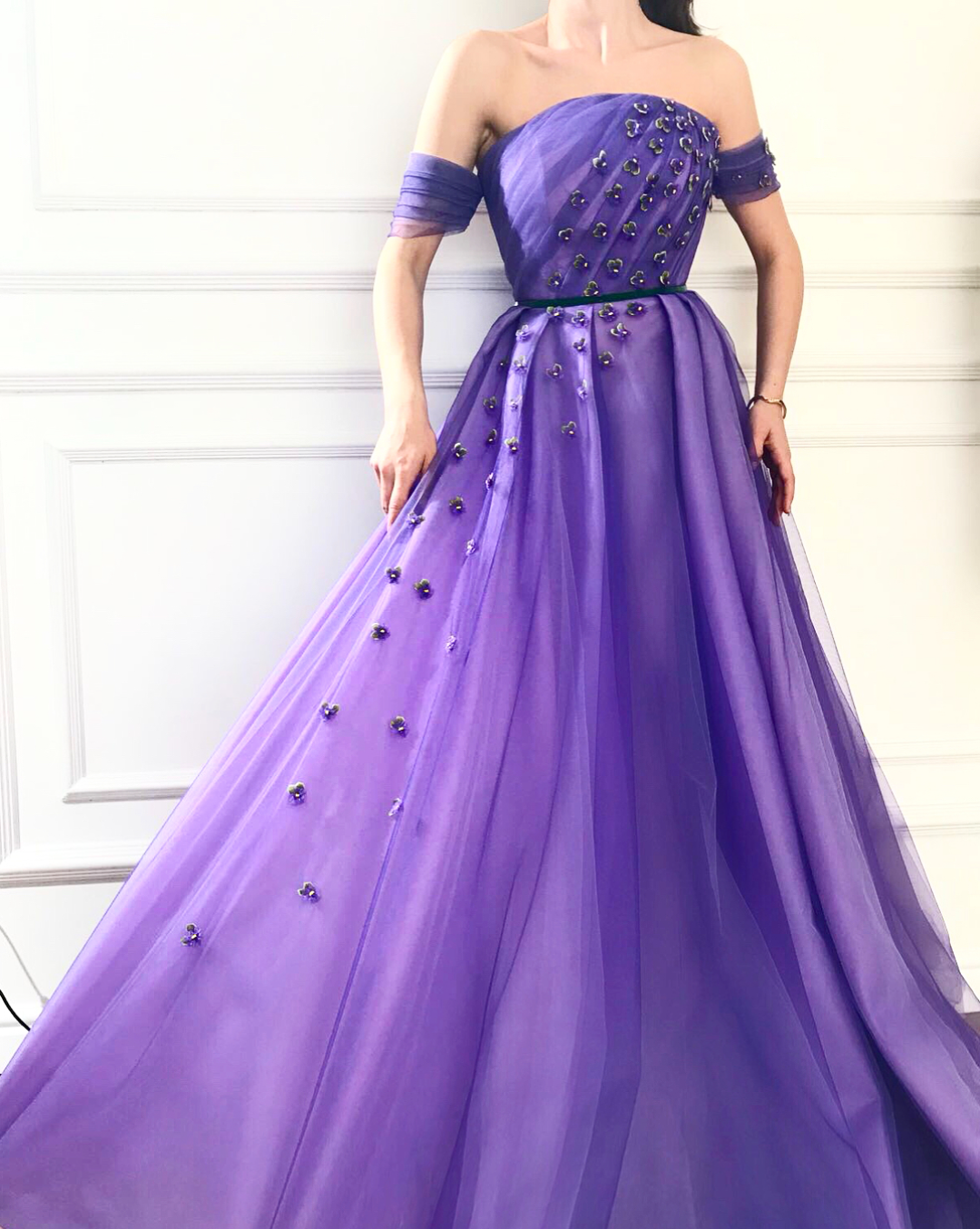 Purple A-Line dress with off the shoulder sleeves and embroidery