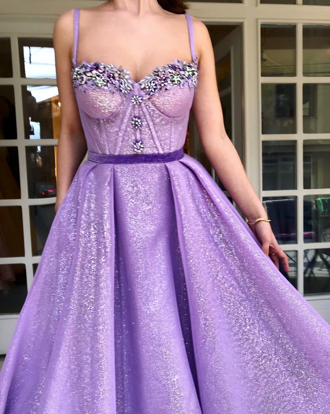 Purple A-Line dress with spaghetti straps and embroidery
