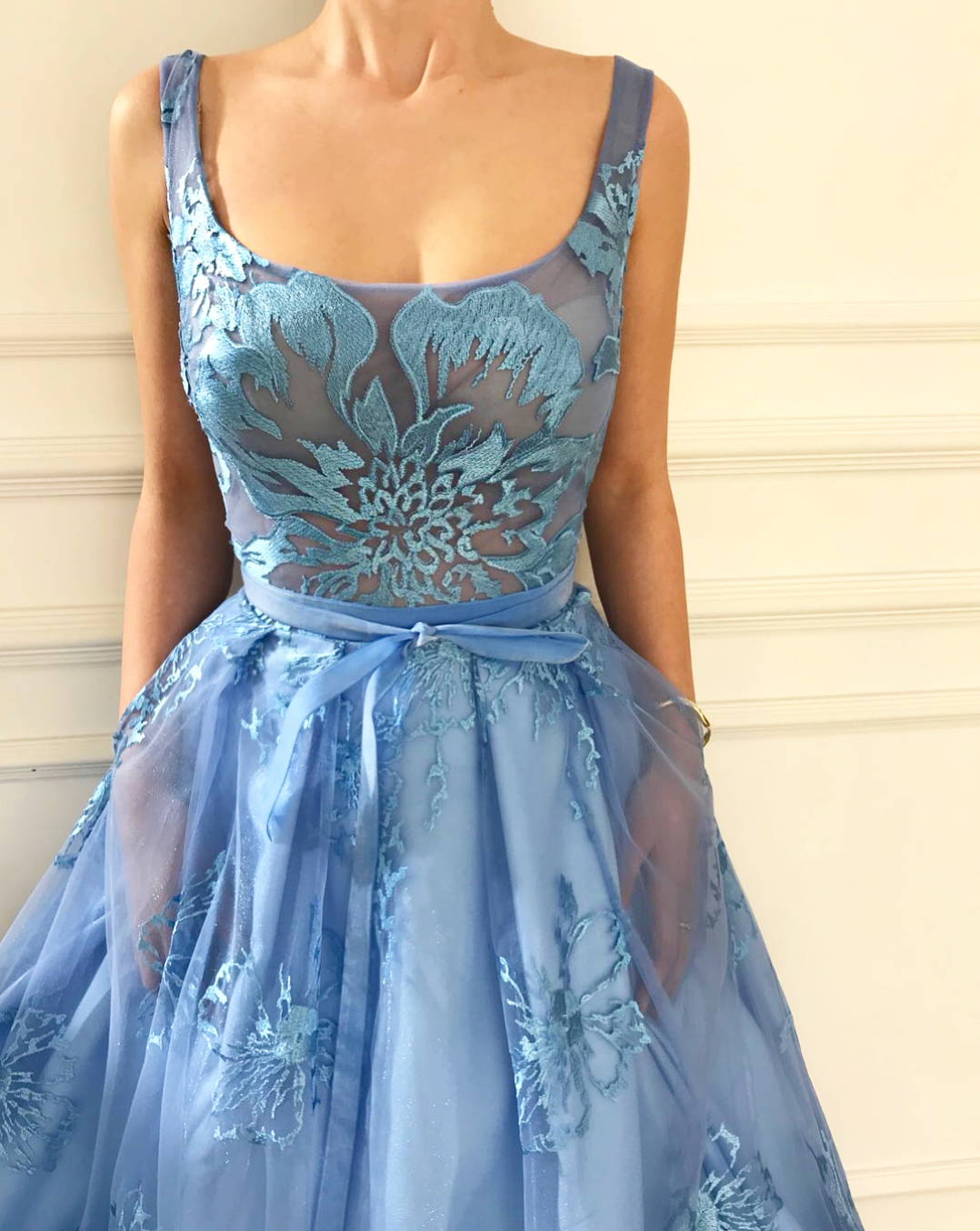 Blue A-Line dress with straps and embroidery