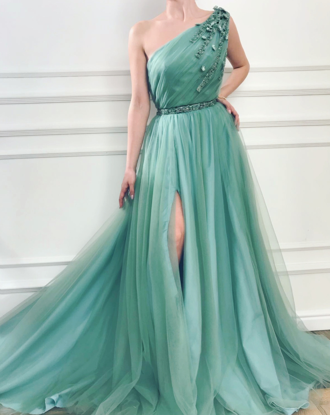 Green A-Line dress with one shoulder sleeve and embroidery