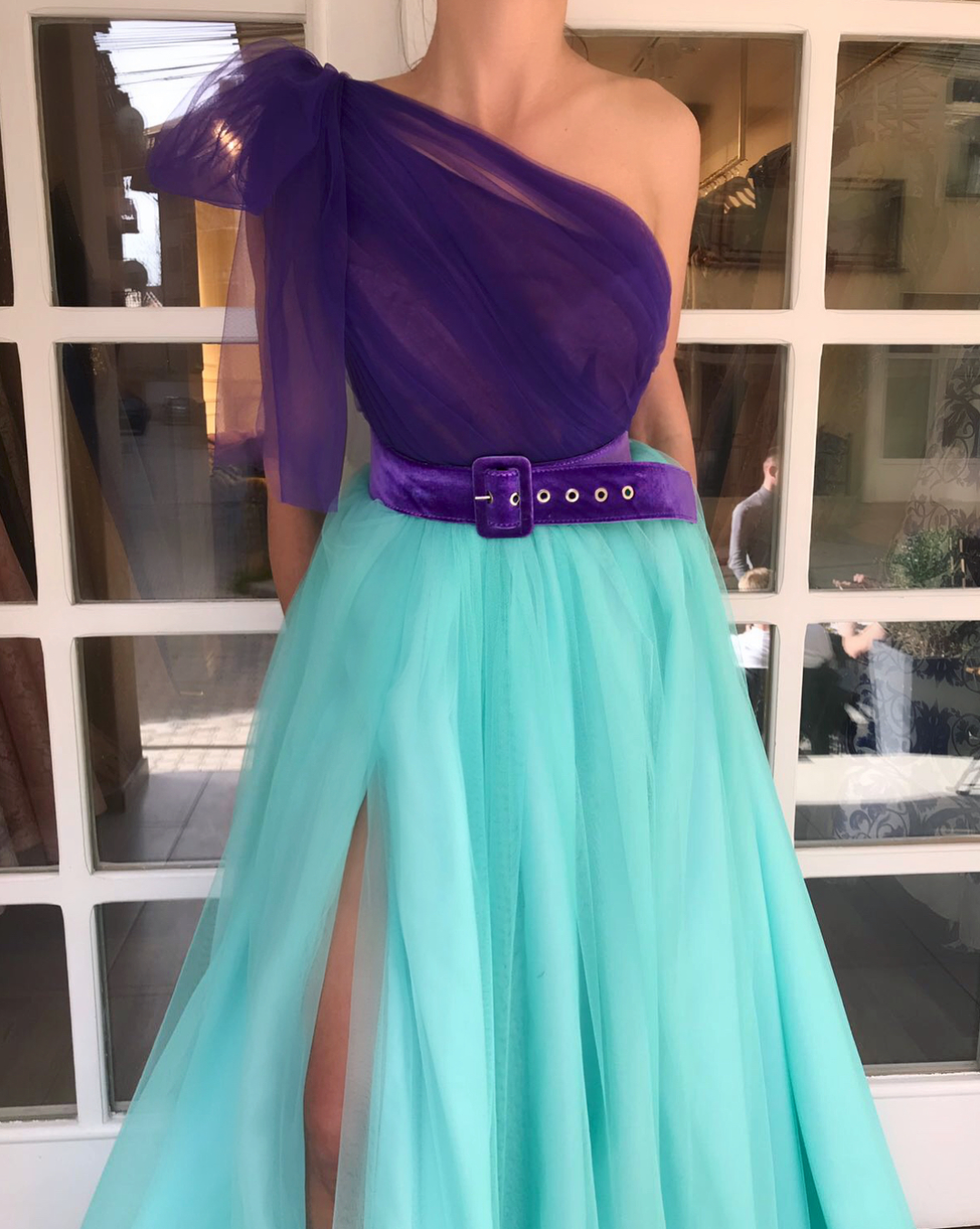 Purple and blue A-Line dress with one shoulder sleeve and belt