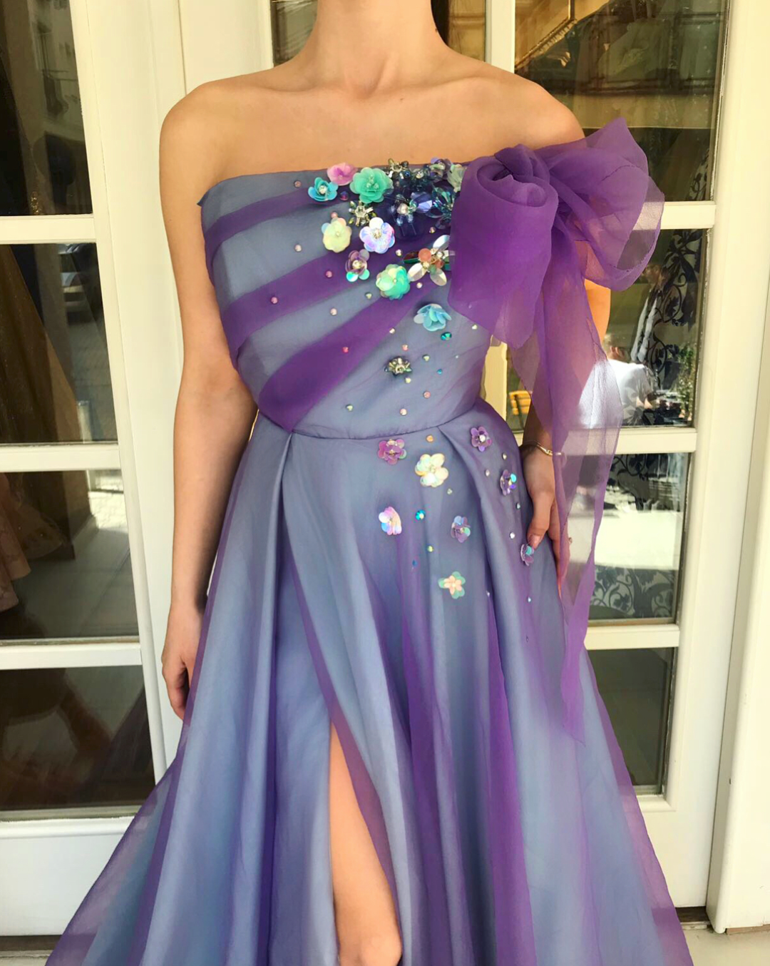 Purple A-Line dress with one off the shoulder sleeve and embroidery