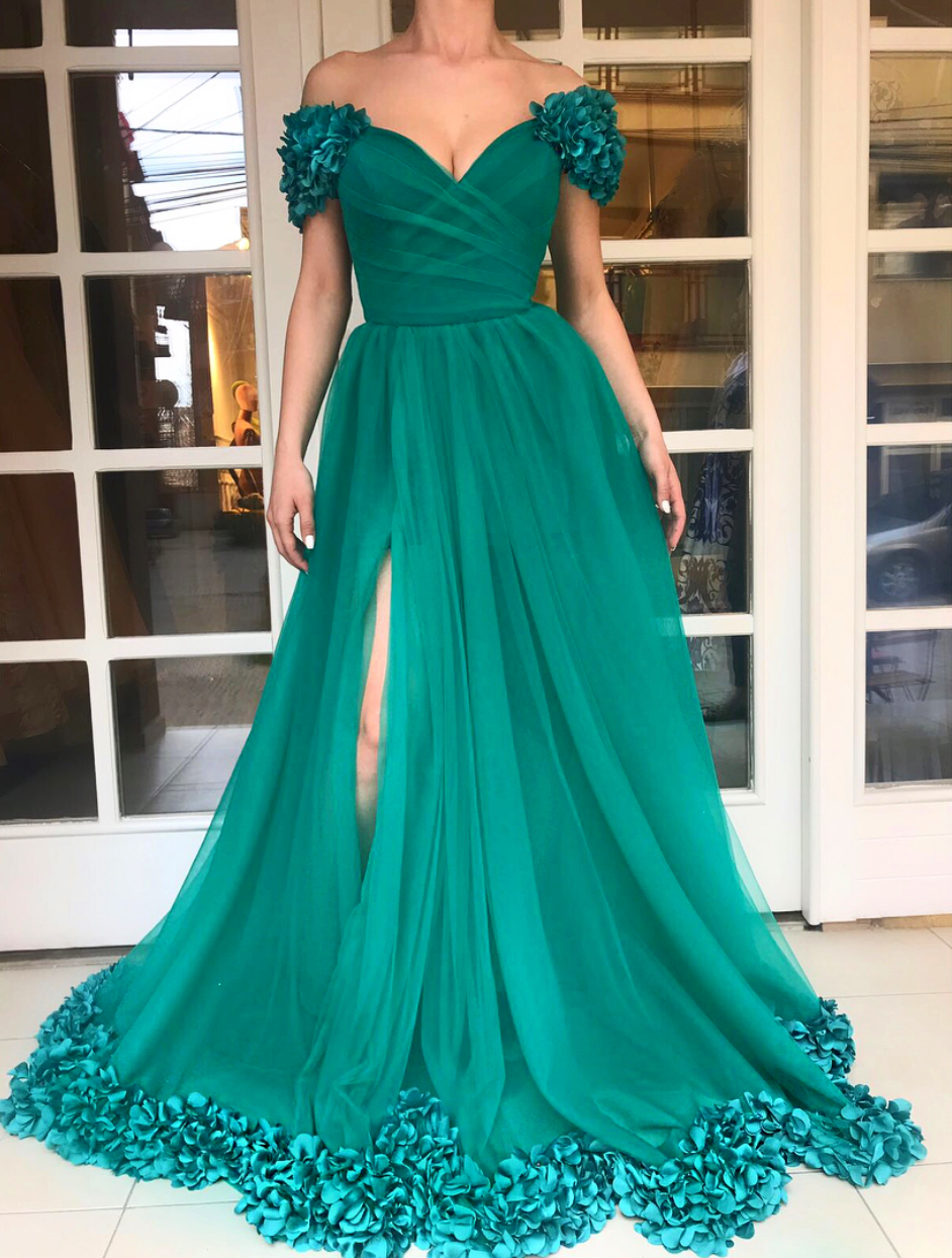 Green A-Line dress with off the shoulder sleeves and embroidery