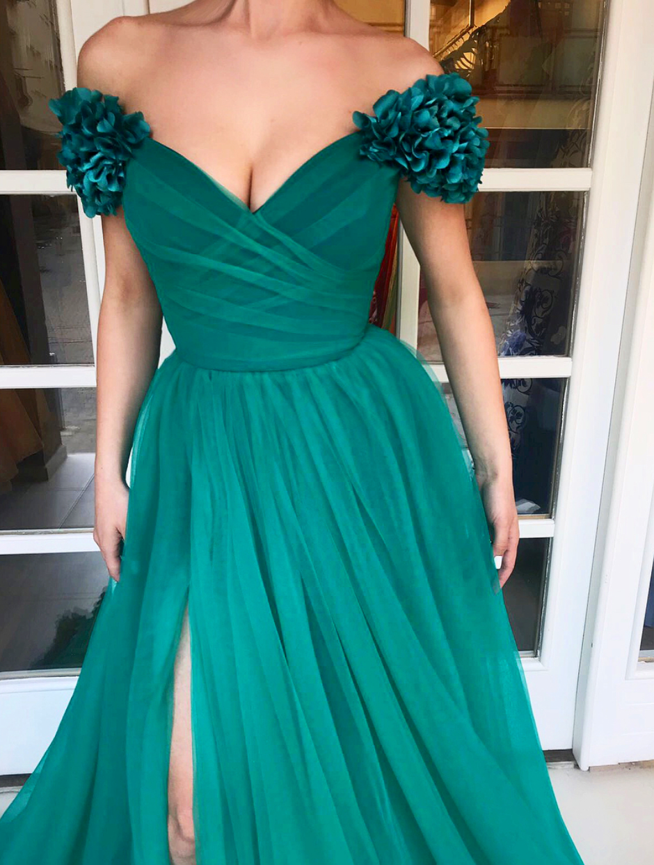 Green A-Line dress with off the shoulder sleeves and embroidery