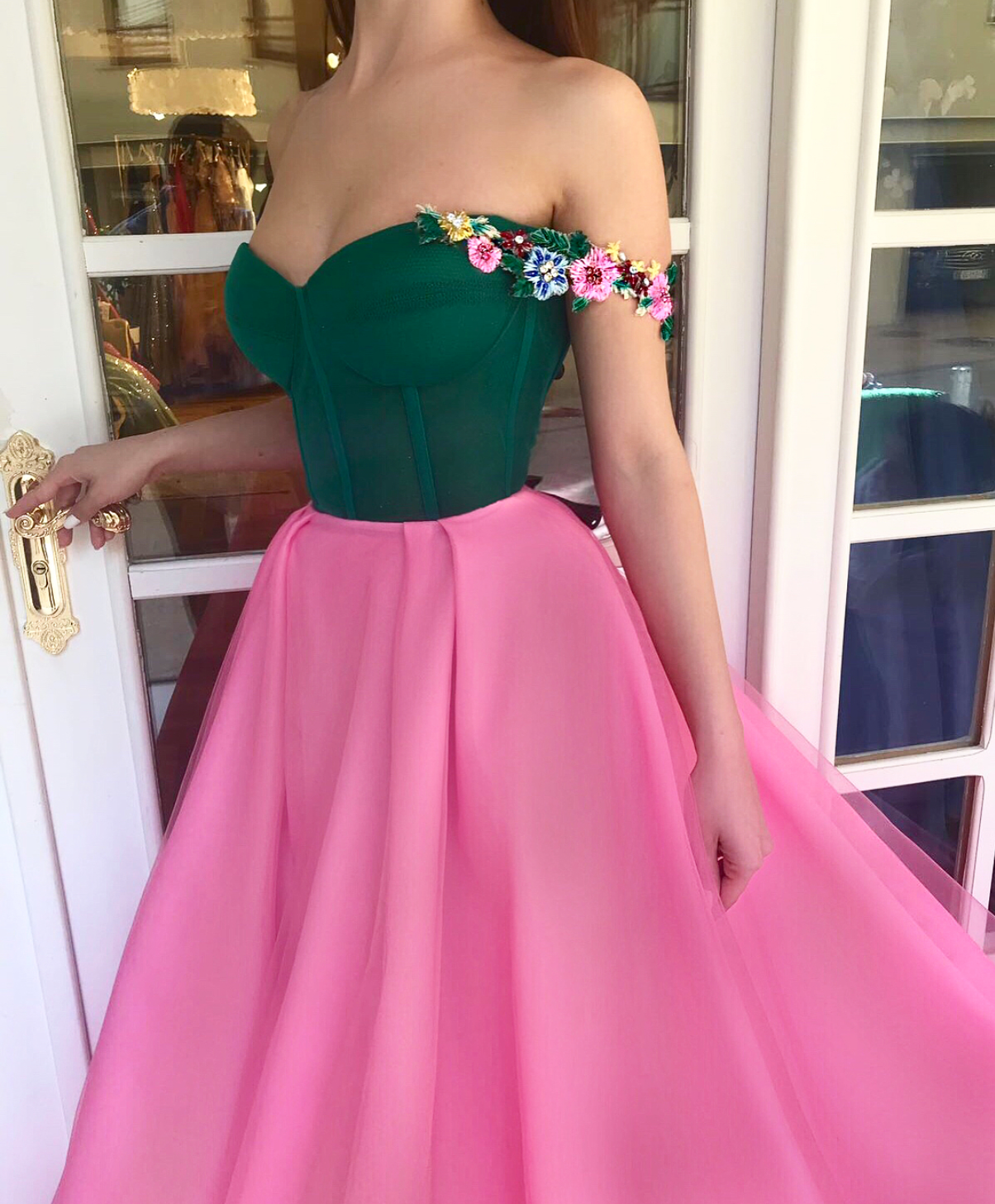 Pink A-Line dress with off the shoulder sleeves and embroidery