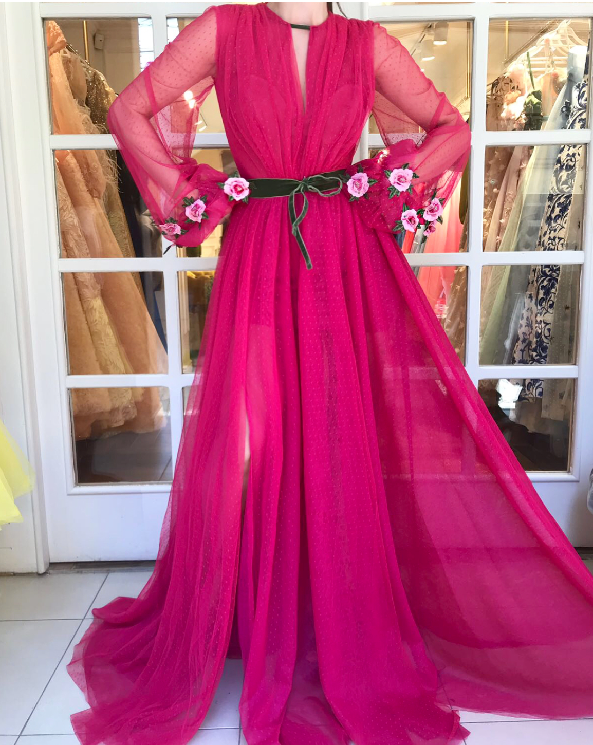 Pink A-Line dress with long sleeves and embroidery