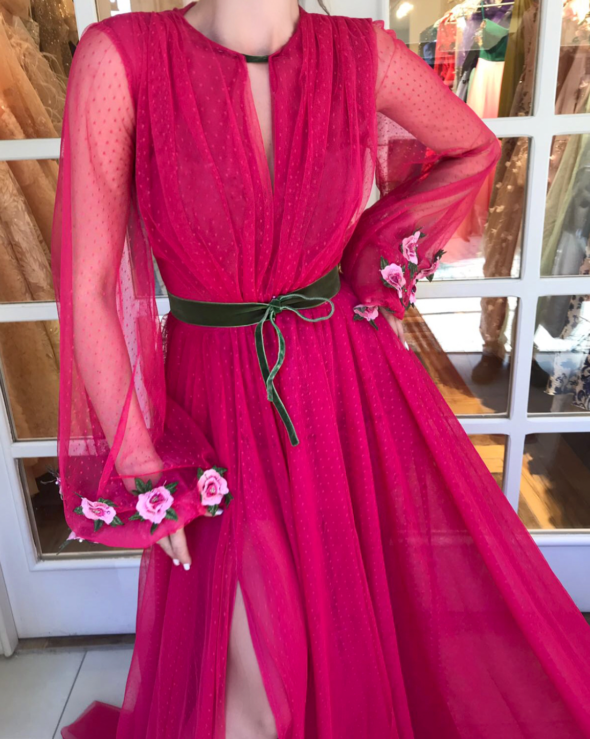 Pink A-Line dress with long sleeves and embroidery