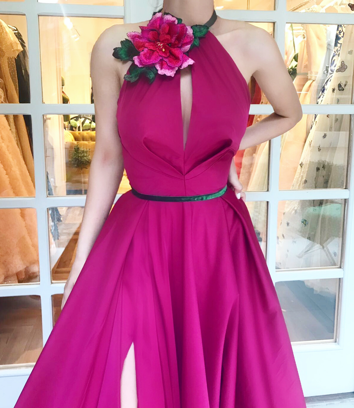 Pink A-Line dress with no sleeves and embroidery