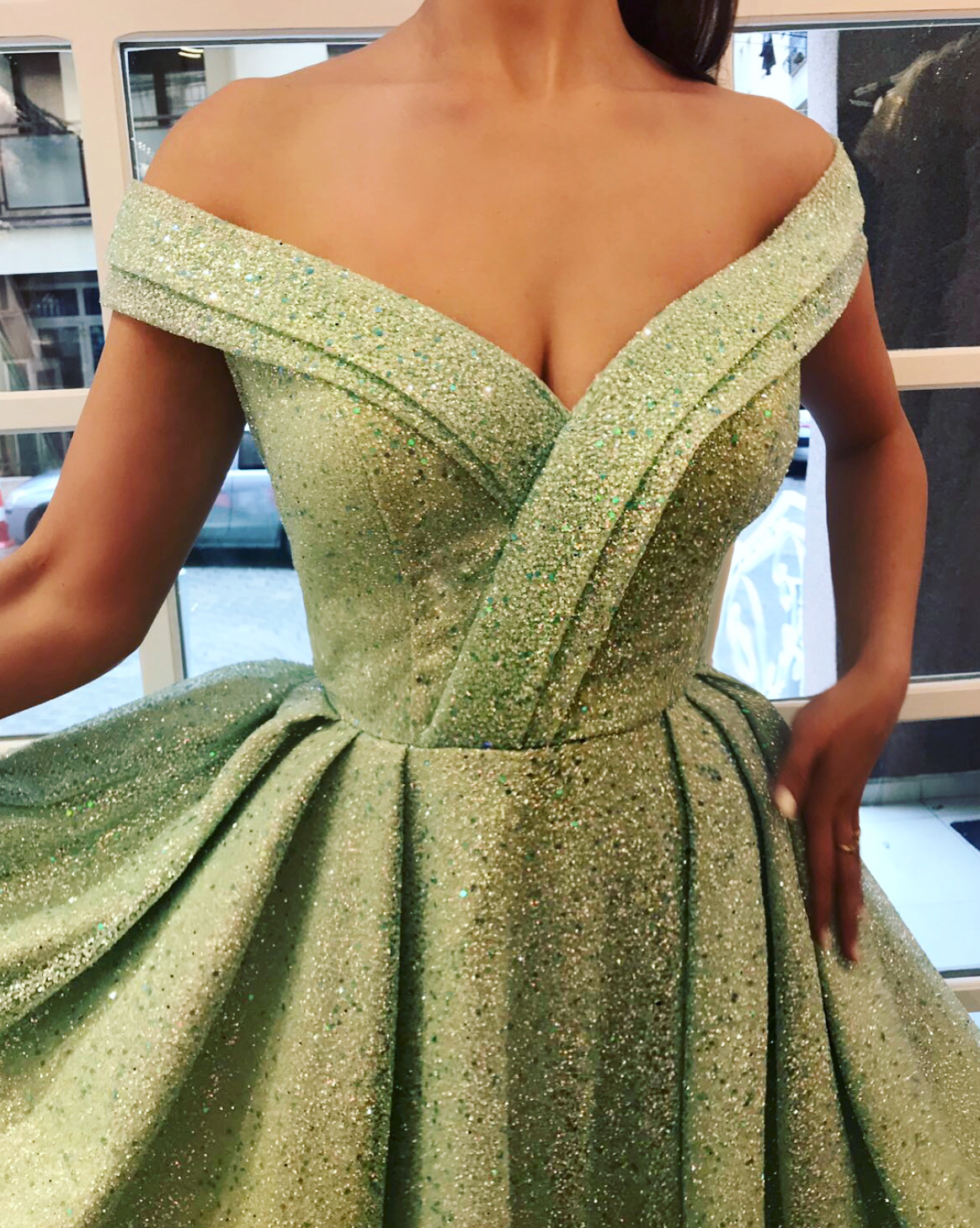 Green A-Line dress with off the shoulder sleeves