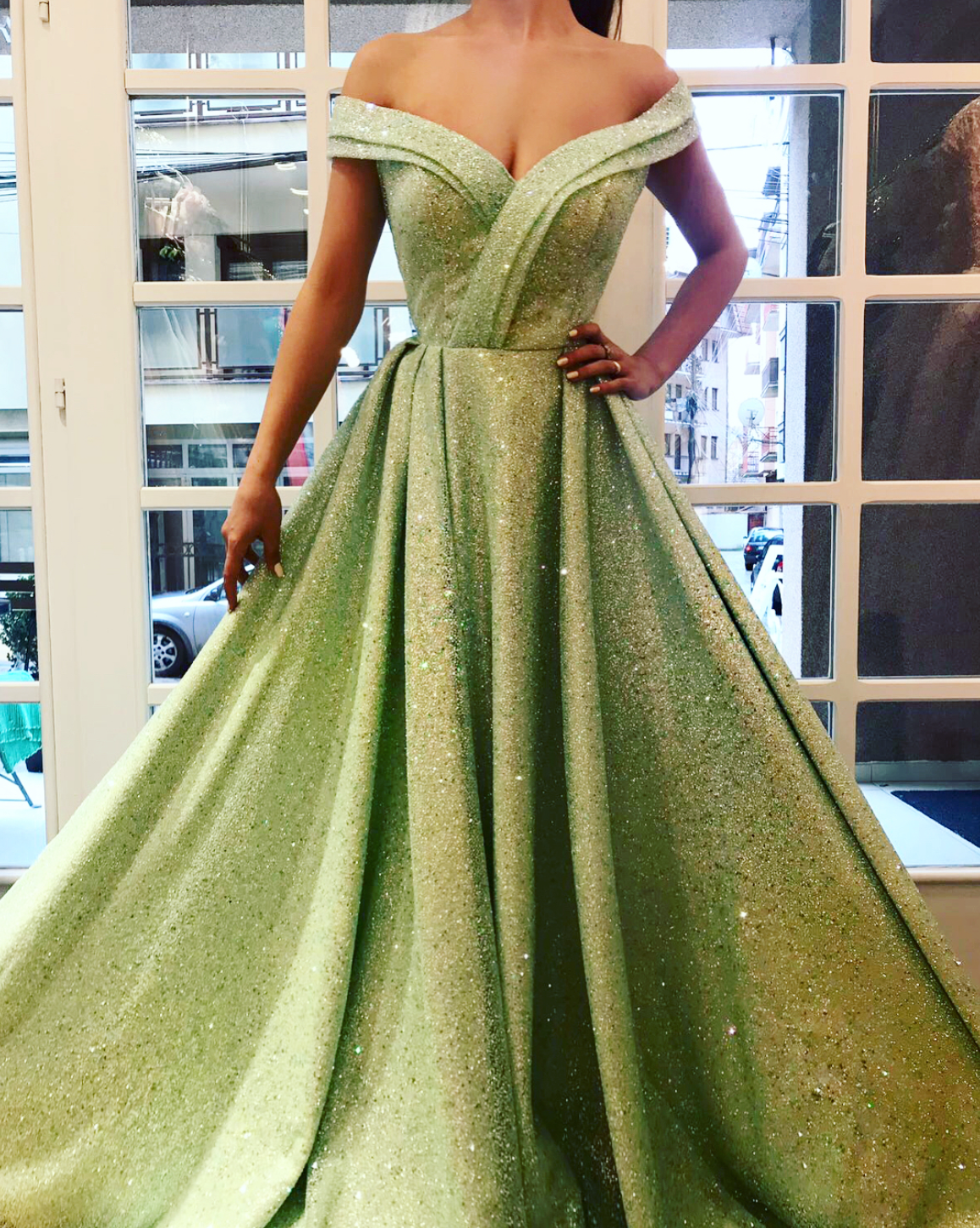 Green A-Line dress with off the shoulder sleeves