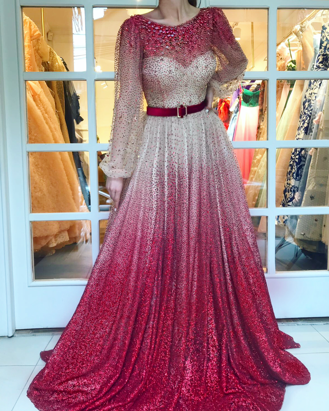 Red A-Line dress with long sleeves, belt and embroidery