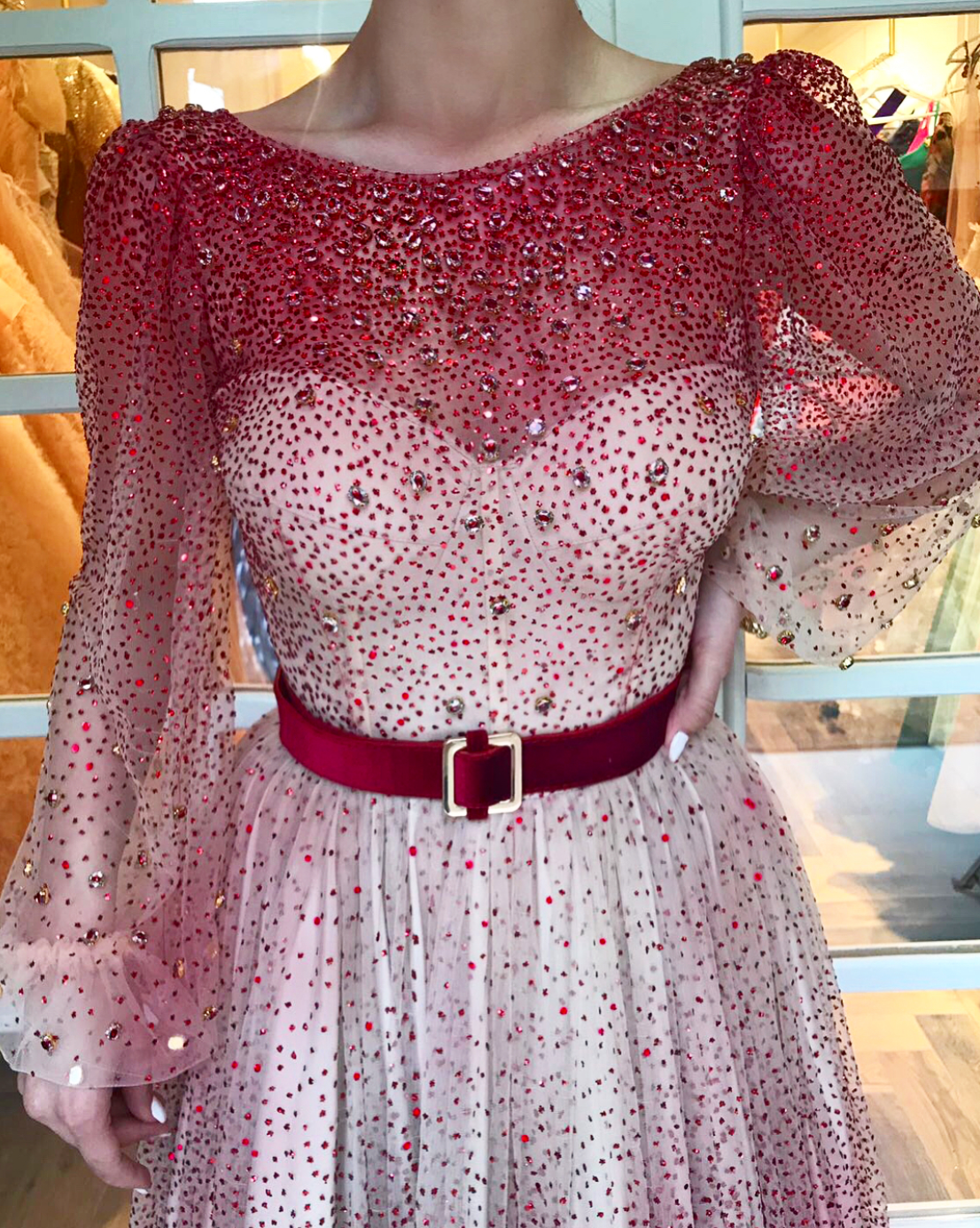 Red A-Line dress with long sleeves, belt and embroidery
