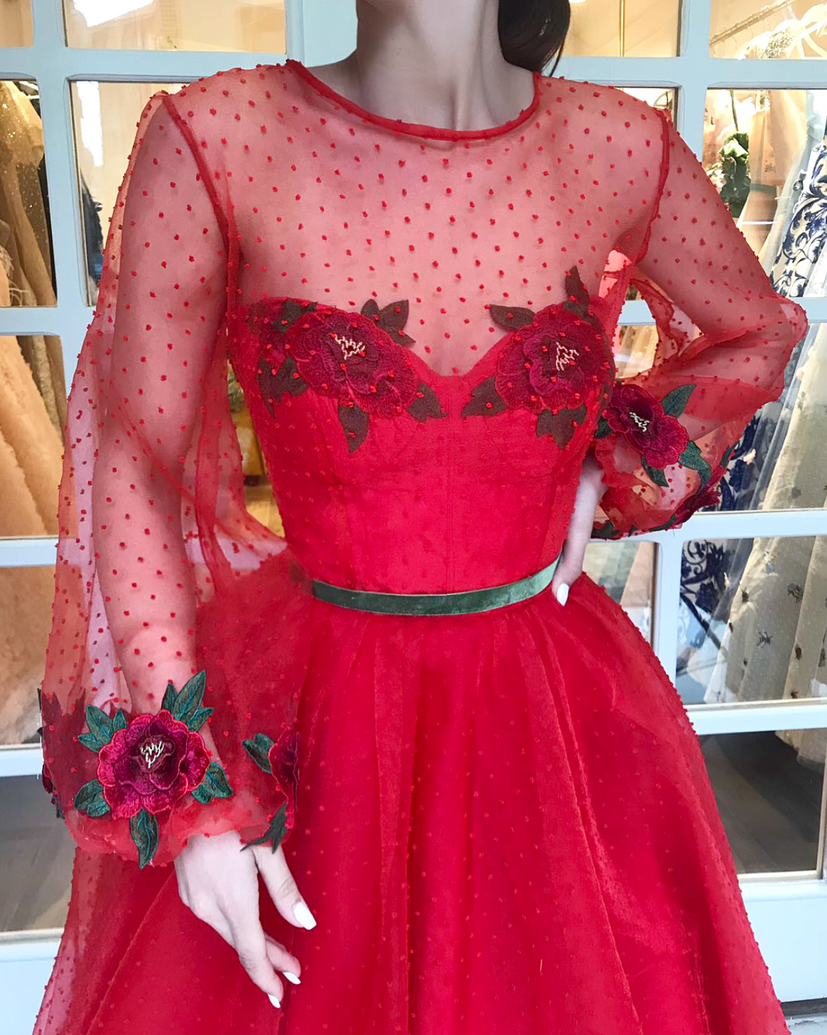 Red A-Line dress with long sleeves and embroidery