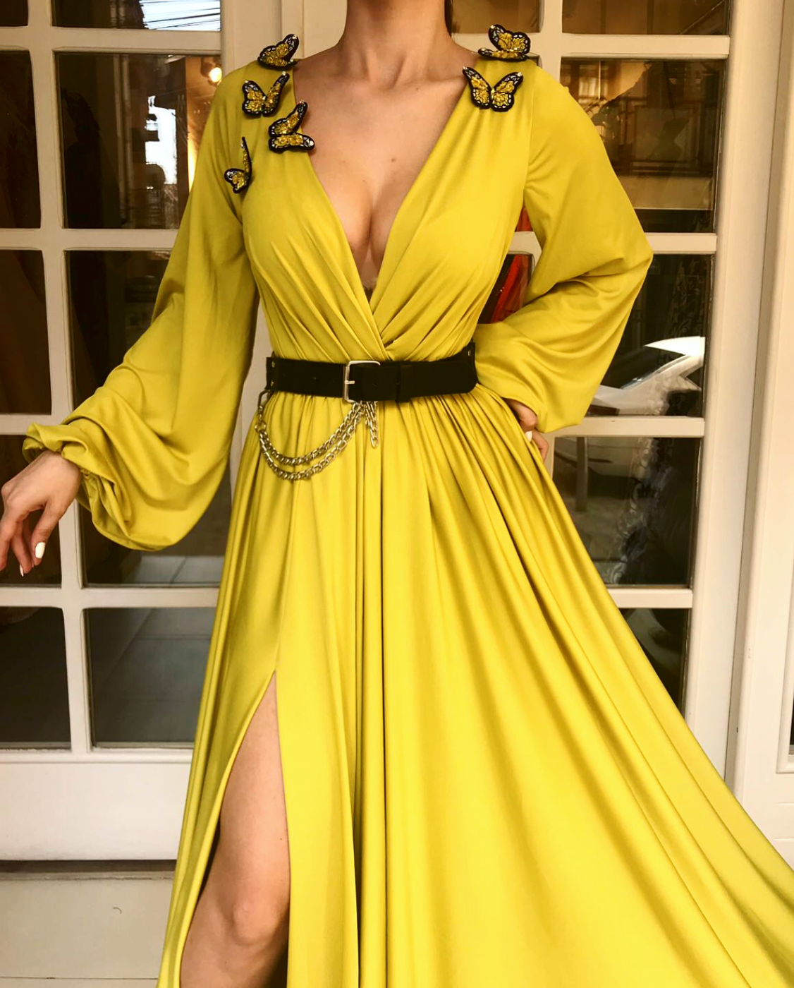 Yellow A-Line dress with long sleeves, v-neck, embroidery and belt