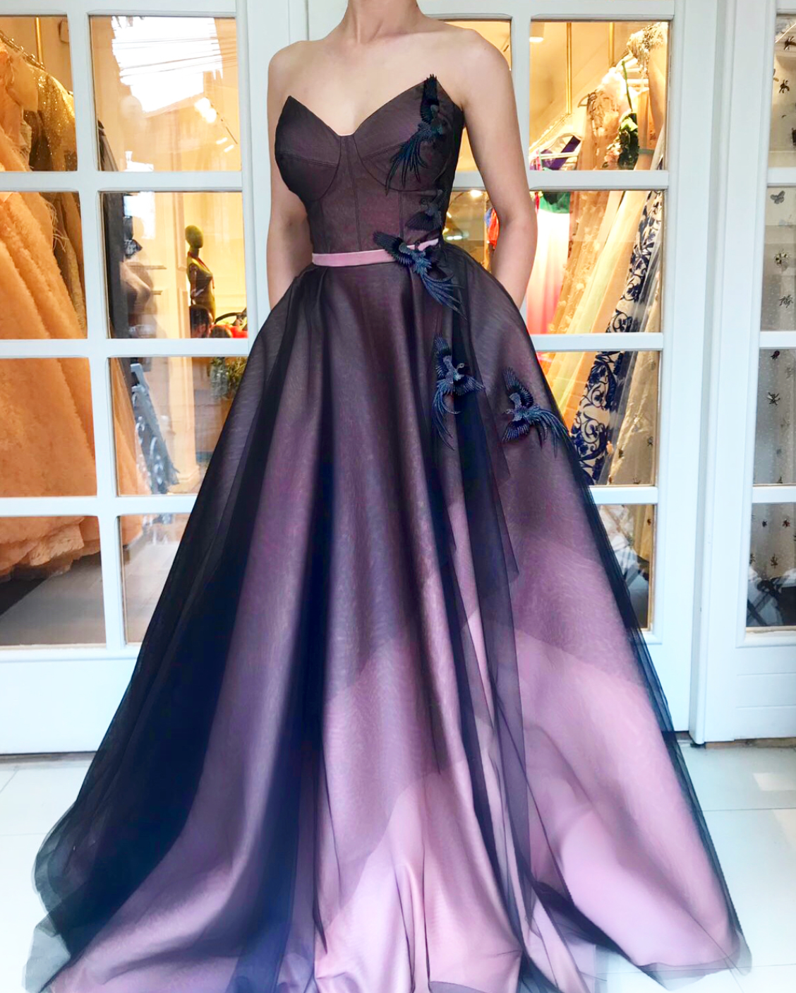 Purple A-Line dress with no sleeves and embroidery