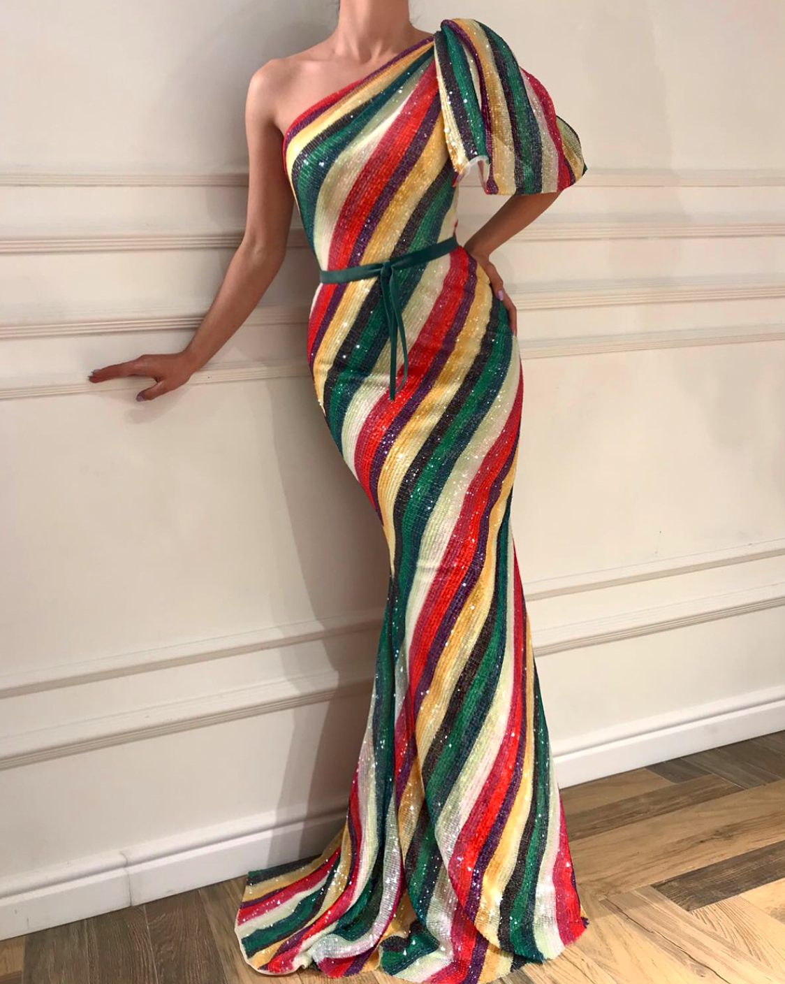 Colorful mermaid dress with one shoulder sleeve