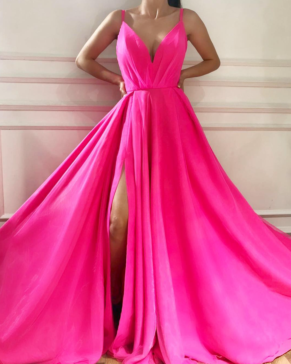 Pink A-Line dress with spaghetti straps and v-neck