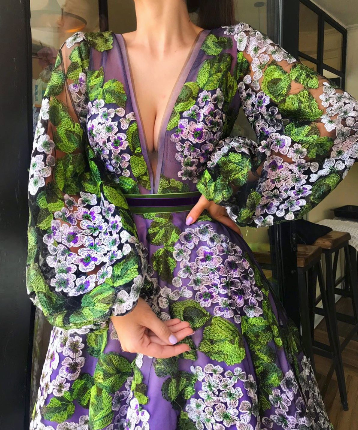 Purple A-Line dress with v-neck and flowers