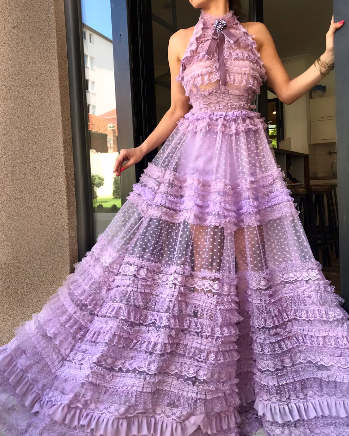 Purple A-Line dress with no sleeves and embroidery
