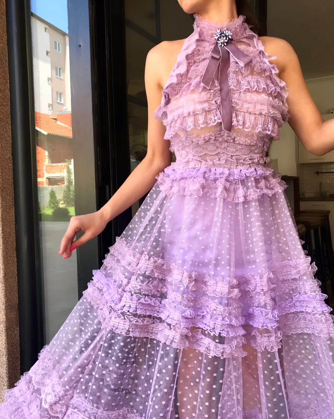 Purple A-Line dress with no sleeves and embroidery